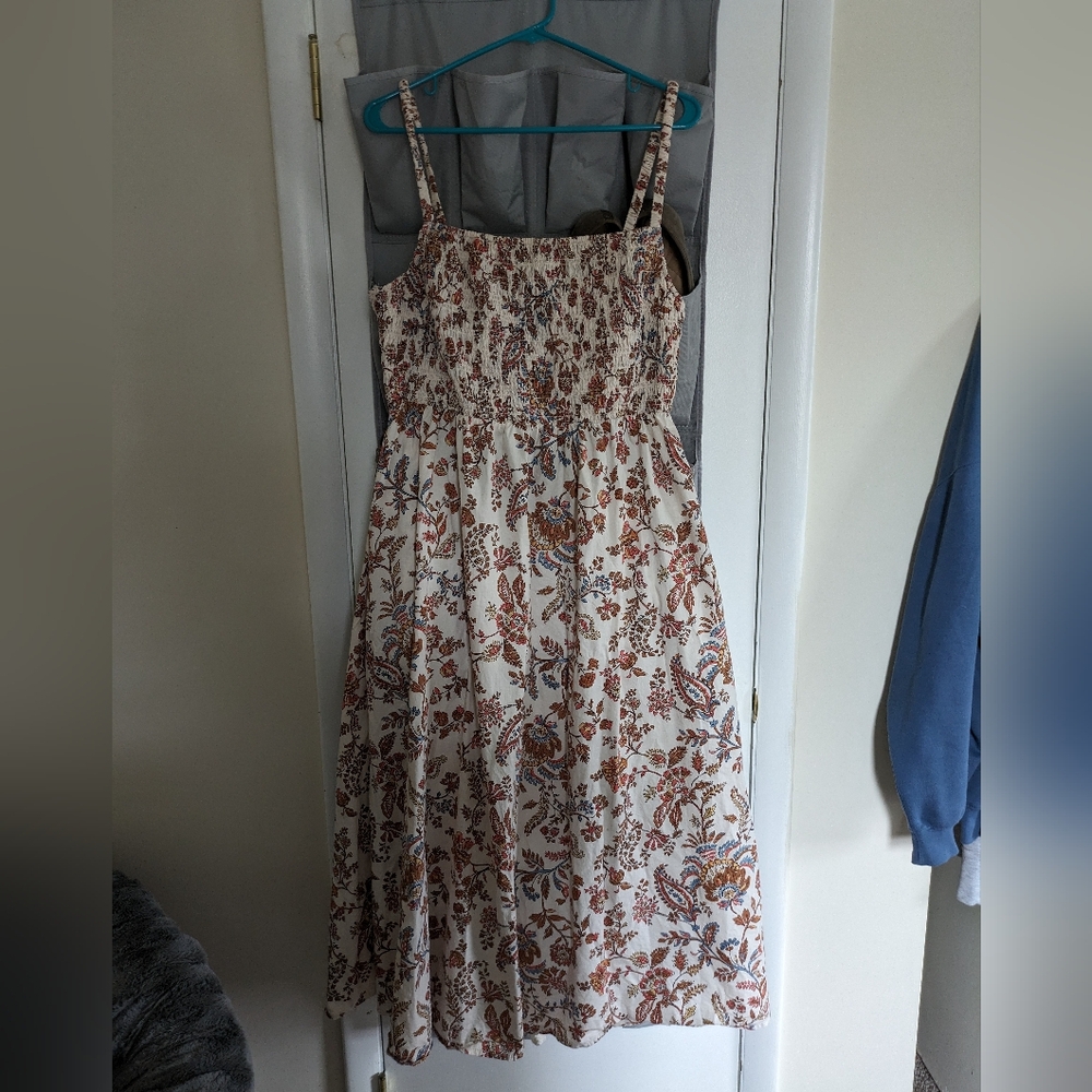Old Navy White Midi Dress with Rust and Blue Floral Print